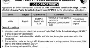 English Teacher Jobs in Joint Staff Public School & College