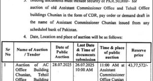 Assistant Commissioner Chunian Kasur Tender Notice