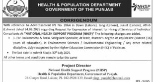 Health & Population Department Lahore Tender Notice