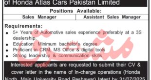 Jobs in Honda Atlas Cars Pakistan Limited Peshawar