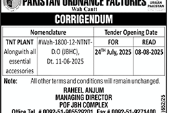 Pakistan Ordnance Factories Wah Cantt Tender Notice