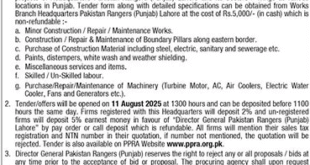 Pakistan Rangers Lahore Tender Notice