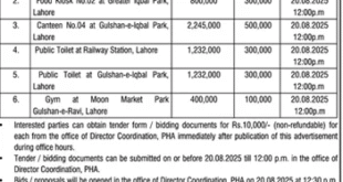 Parks & Horticulture Authority Lahore Tender Notice