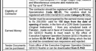 QESCO Electric Supply Company Quetta Tender Notice