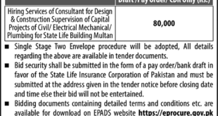 State Life Insurance Corporation of Pakistan Lahore Tender Notice