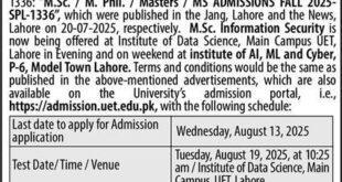 Admission Open in University of Engineering & Technology Lahore