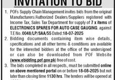 Pakistan Ordnance Factories Wah Cantt Tender Notice