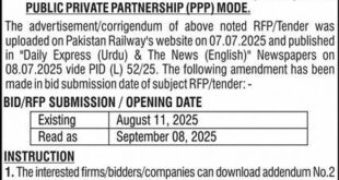 Pakistan Railways Lahore Tender Notice